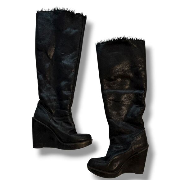 MICHAEL Michael Kors Calista Knee-High Platform Wedge Boots Faux Suede Faux Fur - Picture 3 of 9